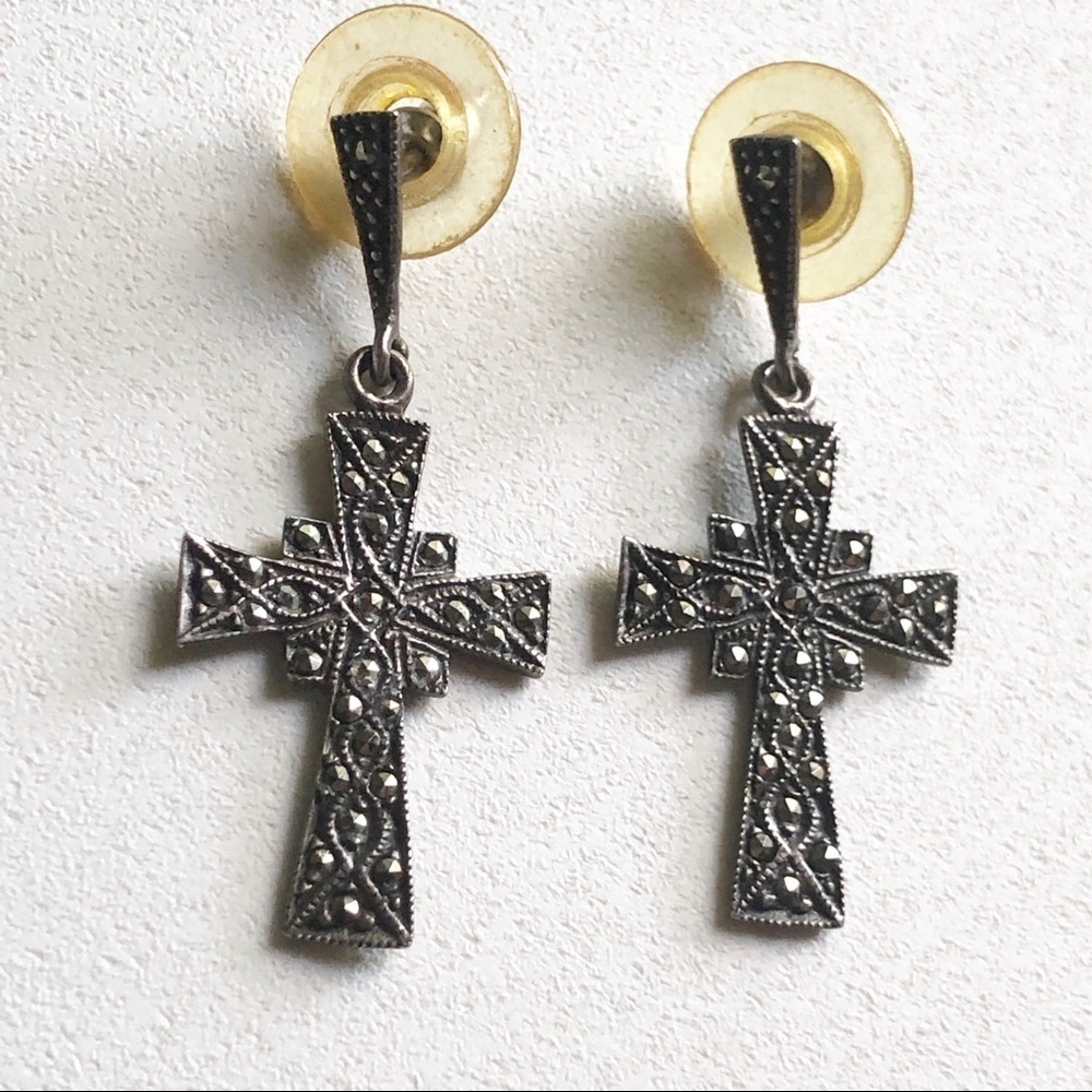 Sterling Silver Marcasite Cross Dangling Earrings